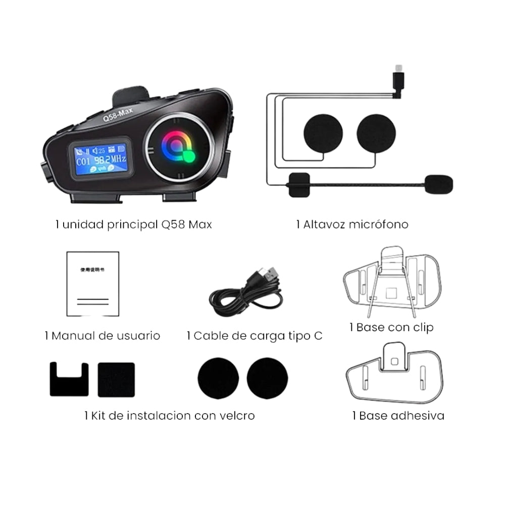 Intercomunicador Bluetooth Q58 Max con Radio FM – Conexión Inalámbrica, Comunicación Clara, Larga Distancia y Resistencia al Agua