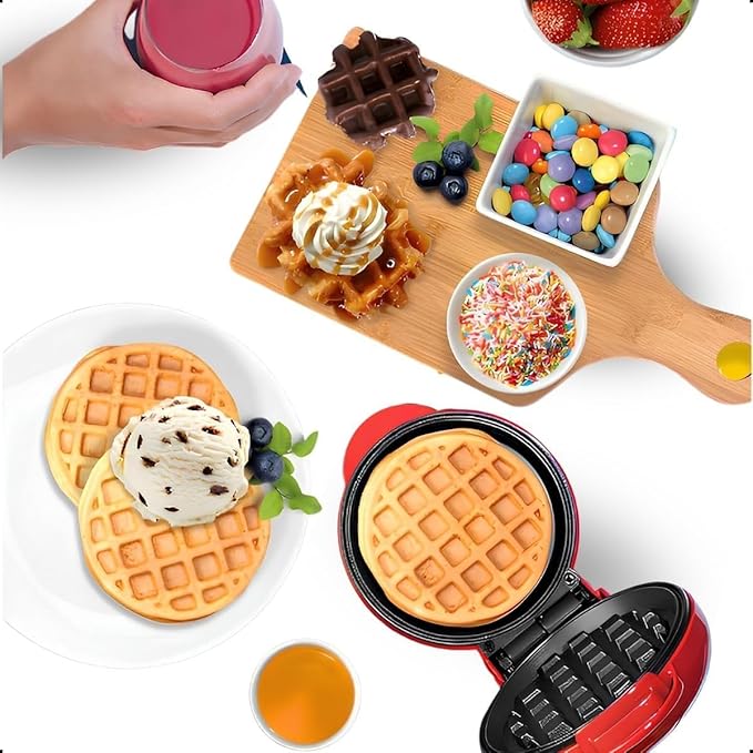 Mini Waflera Eléctrica Roja – Diseña Waffles Rápidos, Crujientes y Deliciosos en Casa
